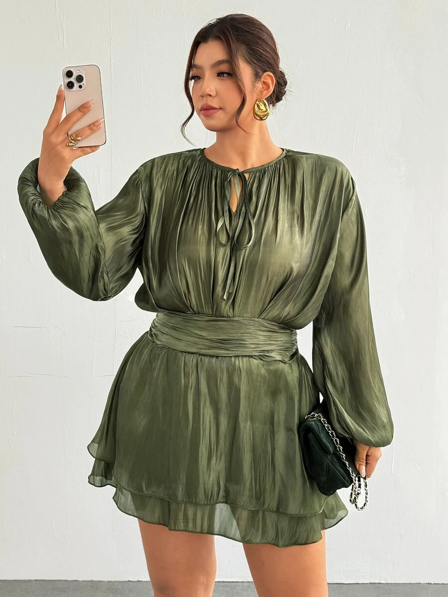 Firerie Plus Size Ruched Tie Waist Ruffle Hem Dress - Green - View 1