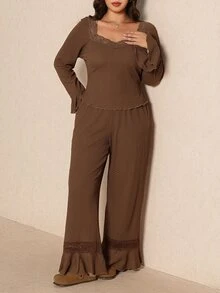 Elaquor Plus Size Women Solid Color Long Sleeve Ruffle Lace Top And Pants 2 Pieces Set - Mocha Brown - View 5
