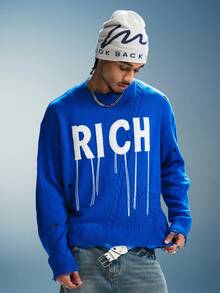 PAVTROS Men's Letter Print Long Sleeve Knit Top Rave Club Fall Streetwear - Blue - View 5