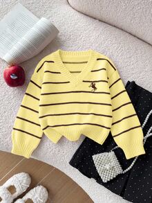 SHEIN 女童 V 領拼色針織毛衣，黑色馬刺繡，柔軟可愛，羅紋袖口與下擺，適合上學、日常穿著、旅行與秋季 - 黃色 - 查看 6
