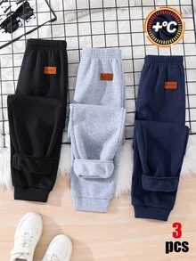 SHEIN 3件組兒童青少年男孩休閒多功能運動長褲，麻灰色運動褲、海軍藍運動褲、黑色運動褲，加厚內裡，適合通勤、上學、日常休閒、戶外運動，秋冬保暖內裡長褲 - 彩色 - 查看 2