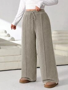 Lacomfia Quần ống rộng size lớn phong cách tối giản, cạp chun rút, có túi, mặc hàng ngày - Màu Khaki - Xem 3