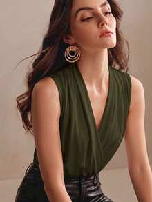 Anewsta Essential Spring/Summer Elegant Fashion Casual Party Date Holiday Outing Vacation Sexy Ruched Knit Elastic Sleeveless Women's Bodysuit - Army Green - View 5