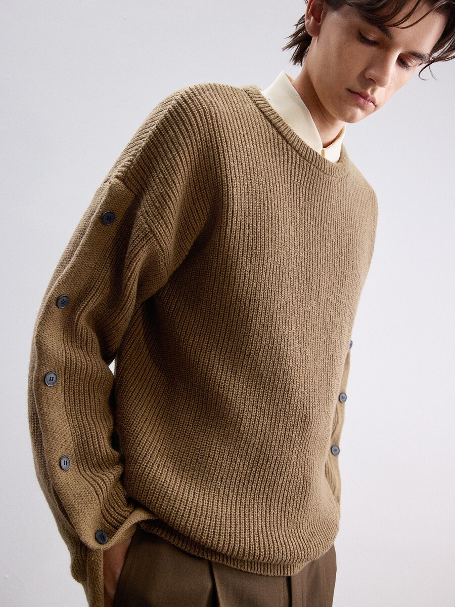 RONVEXI Men's Vintage Ribbed Button Long Sleeve Sweater For Daily Wear - Brown - View 1