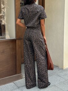 Rivivi Women's Leopard Print Non-Stretch Casual Daily Denim Jumpsuit,Fall/Winter,Animal Print,New Year Outfit,Christmas Outfit For Women - Multicolor - View 2
