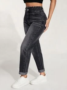 SHEIN PETITE 女款高腰口袋修身休閒百搭牛仔褲 - 黑色 - 查看 5