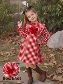 Emery Rose Kids Emery Rose Kids 青少年女孩可愛度假休閒杏色格紋蝴蝶結長袖寬鬆洋裝，秋季花卉洋裝，校園、返校季、校服 - 紅色 - 查看 4
