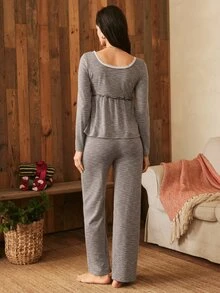 Lullawish Women's Striped Cotton Long Dress, Doll Style Top, Pajama Pants Set - Light Grey - View 2