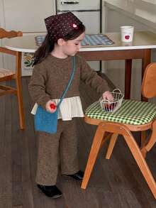 DAZY Infant (Girl) Round Neck Long Sleeve Colorblock Patchwork Korean Style 2 Pieces Sweatshirt Set Fall - Coffee Brown - View 10