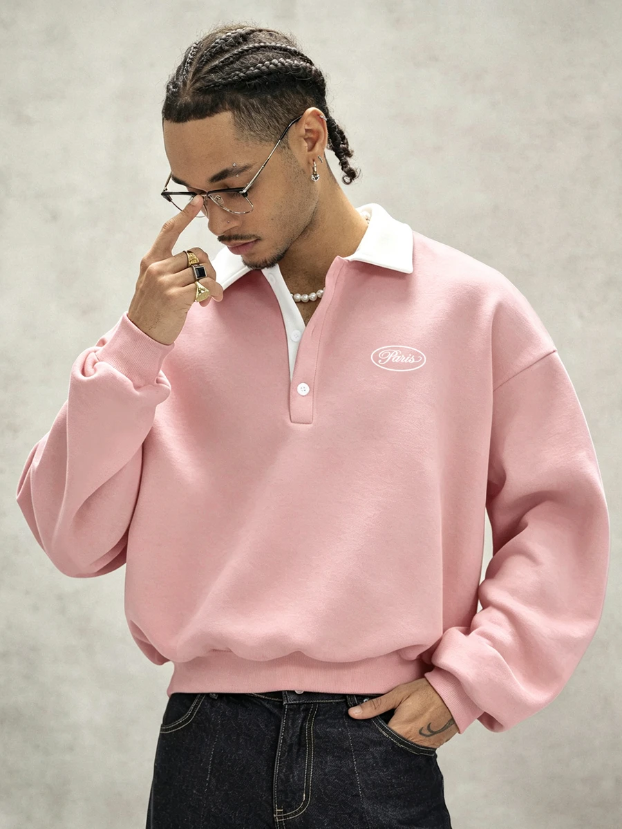 PAVTROS Men's Letter Print Long Sleeve Polo Collar Casual Loose Sweatshirt - Pink - View 1