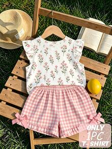 Girls Sweet Floral Flutter Sleeve T-Shirt - White Casual Outing Top, Autumn New Design, Suitable For Christmas And Halloween, All-Season Wear, Cute Holiday And Daily - Black - View 2