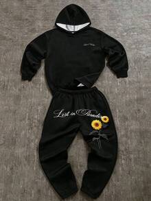 SHEIN 兒童青少年男童 2 件組街頭風新時尚向日葵圖案刺繡效果手寫字母連帽衛衣與運動長褲，適合秋冬、學校、家庭聚會、開學季、生日派對、拍照、度假、假日、運動舒適 - 黑色 - 查看 1