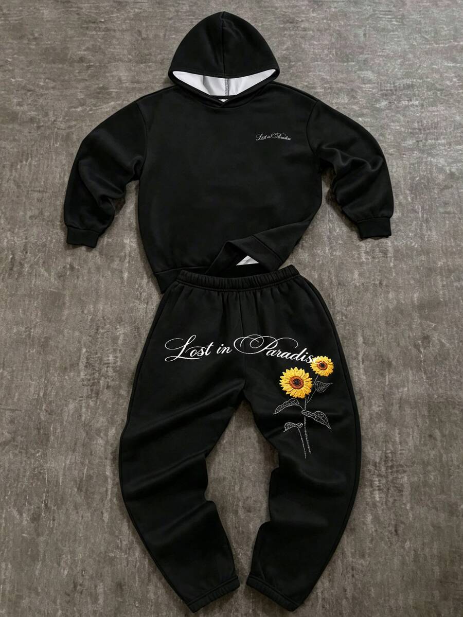 SHEIN 兒童青少年男童 2 件組街頭風新時尚向日葵圖案刺繡效果手寫字母連帽衛衣與運動長褲，適合秋冬、學校、家庭聚會、開學季、生日派對、拍照、度假、假日、運動舒適 - 黑色 - 查看 1