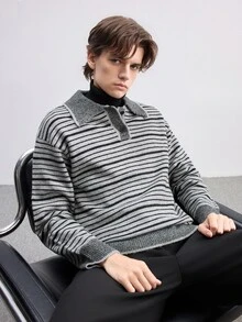 RONVEXI 男士 Polo 領長袖套頭毛衣，休閒條紋針織秋冬服飾，灰黑條紋寬鬆通勤穿搭，慵懶對比色橫條紋套頭毛衣 - 彩色 - 查看 6