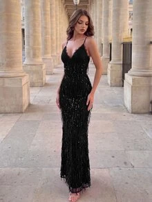 Poshira Women's Glamorous Sequin Tassel Cocktail Dress Evening Gown - Black - View 1