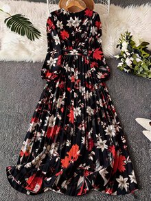 SHEIN Franclia 1件女款優雅花卉抓皺V領裹身長裙，附腰帶與長袖，女裝套裝 - 紅色和黑色 - 查看 2
