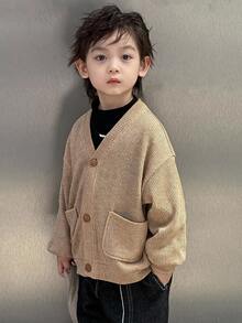 Dazy Kids 兒童秋季男童小號寬鬆休閒V領針織開襟外套，紋理面料 - 棕色 - 查看 3