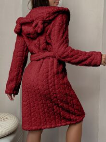 SHEIN Fluffy Jacquard Animal Ear Hooded Open Front Robe | SHEIN UK