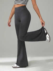 SHEIN Tall 女款高腰純色修身喇叭褲，時尚百搭 - 灰色 - 查看 6