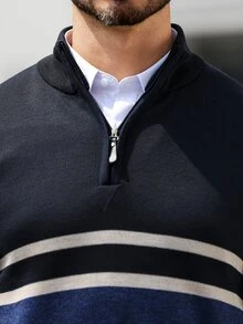 Manfinity Mode Men's Casual Patchwork Striped Knit Half-Zip Pullover Sweater - Navy Blue - View 5