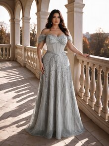 Coutiva Plus Size Women's Rhinestone & Sequin Design Off-Shoulder Elegant Formal Evening Gown (Heavy Embellished Style) - Grey - View 5