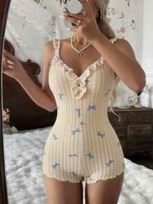 CottageSlumber Yellow & White Striped Bow Strap Romper With Frill Trim, Sweet Girl Style Loungewear Pajamas - Yellow - View 7