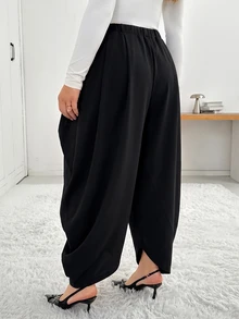 Shapeblank Women's Plus-Size Black Lantern Pants – Stylish, Casual, Loose-Fit, Stretchy, And Comfortable – Versatile Everyday All-Match For Spring & Autumn,Outfits - Black - View 2