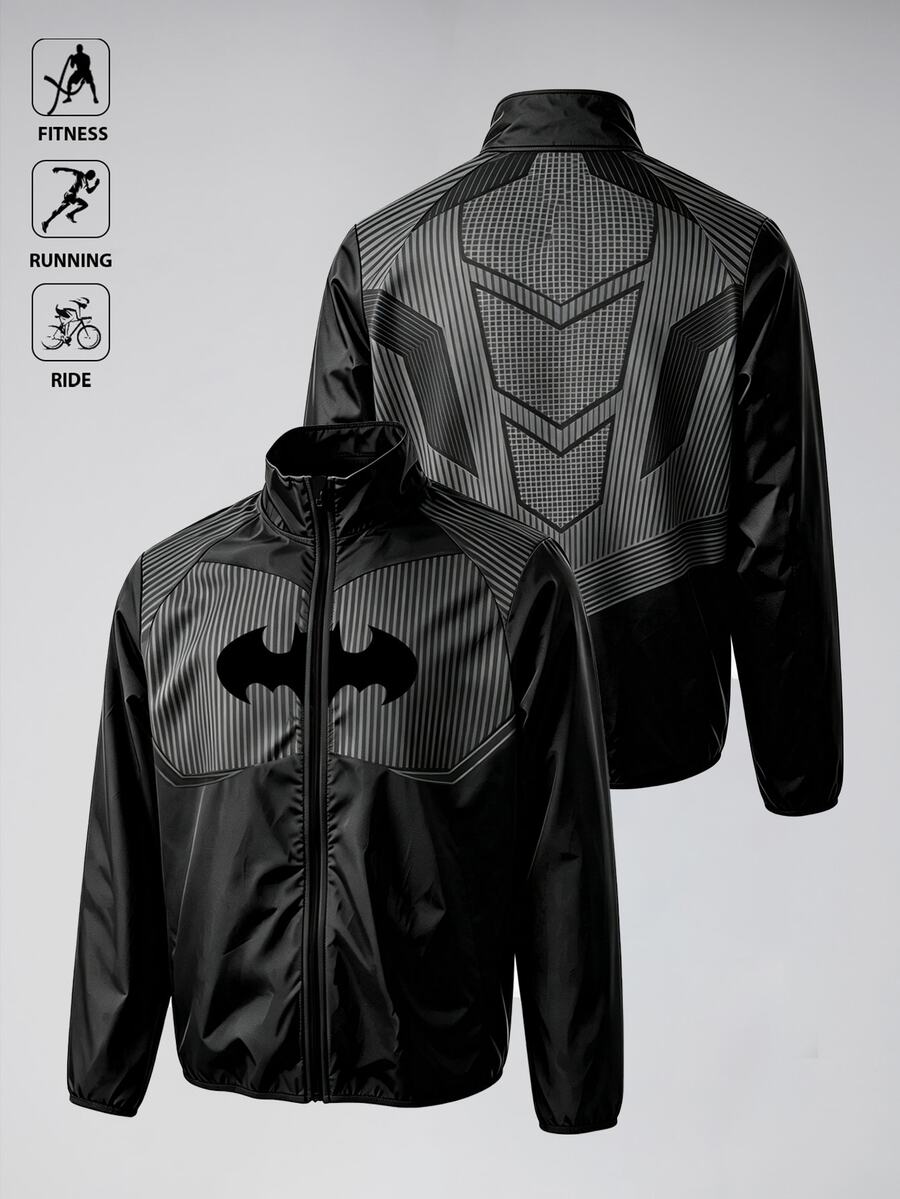 Manfinity BATMAN X SHEIN Men's Patchwork Striped Bat Pattern Zip-Up Casual Sports Jacket - Multicolor - View 1