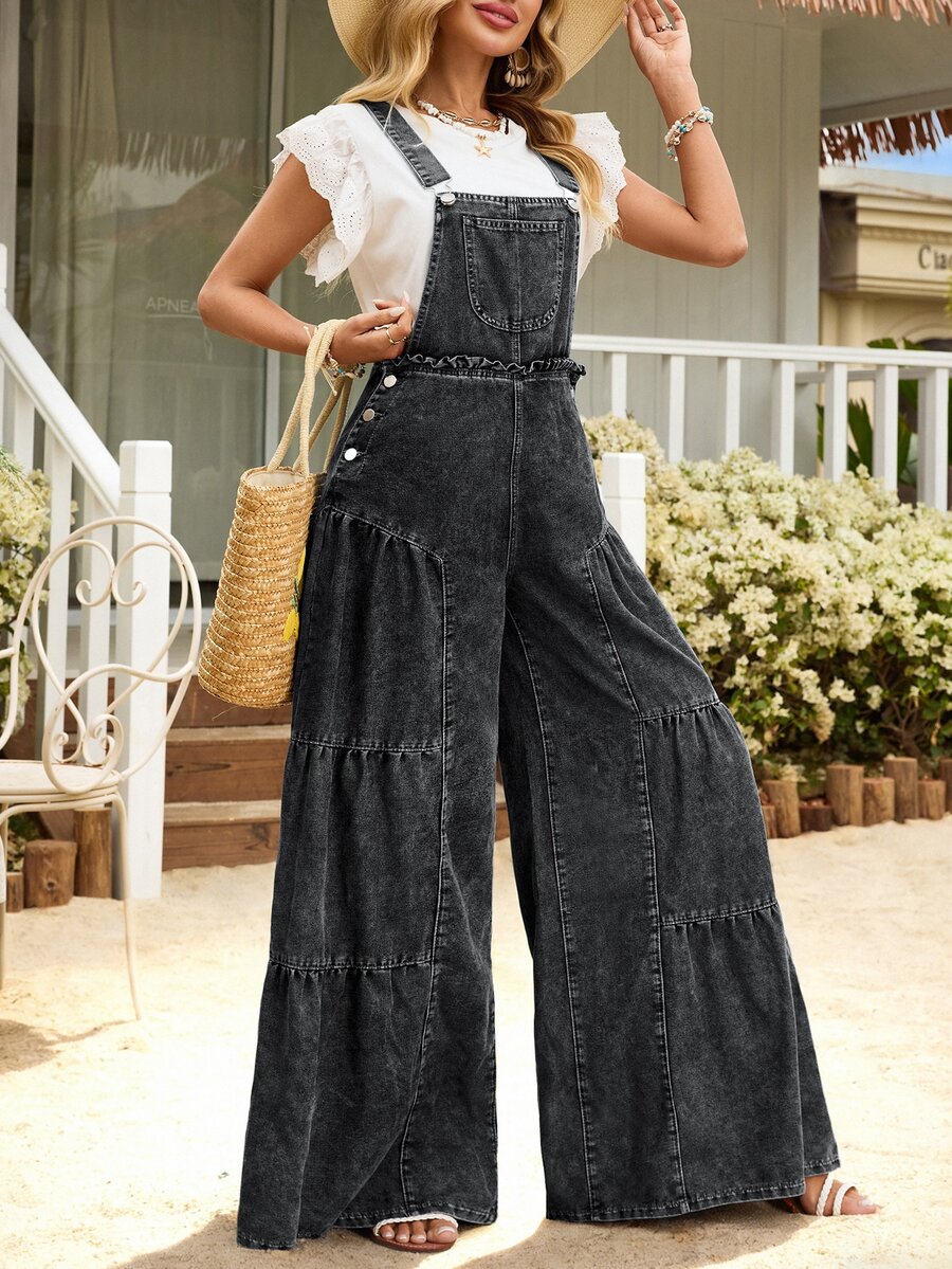 Breezaya Women's Wide Leg Denim Overalls With Side Metal Button Decor - Black - View 1