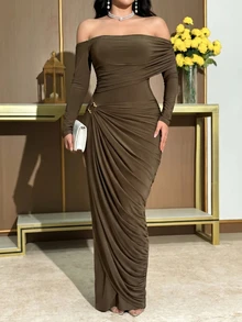 Modelyn Plus Size Women's Solid Color Off-Shoulder Ruched Elegant Waist-Cinching Party Dress - Brown - View 9