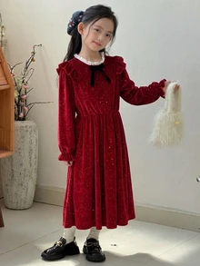 Dazy Kids فستان أحمر طويل الأكمام للبنات مع زينة فيونكة، صوف كوري، فستان أطفال - الأحمر - مشاهدة 6