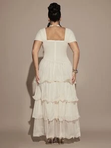 Gossip Girl X SHEIN SHEIN BAE CURVE Plus Size Women's Ruffle Pleated Fashion Party Long Dress - Apricot - View 2