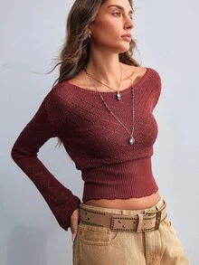 Willow Rêve Women's Solid Color Boat Neck Waist-Cinching Short Knit Top, Fashion Casual - Red - View 5