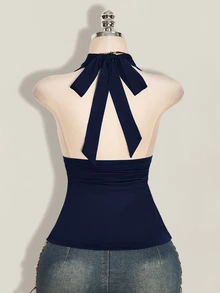 SHEIN ICON 萬聖節女性掛脖露背黑色與銀色娃娃裝背心，適合夜店、派對、夏季性感穿搭 - 藏蓝色 - 查看 2