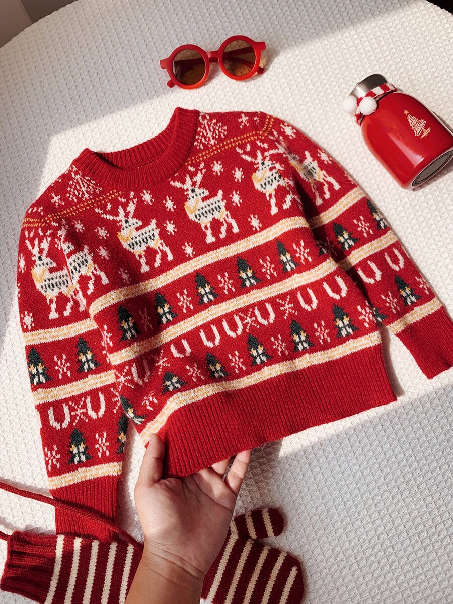 Young Boy Cartoon Deer Pattern Knit Soft Crew Neck Long Sleeve Pullover Sweater - Multicolor - View 1