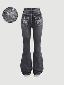 Girlism Teen Girl Waist Button Design Double Pocket Rhinestone Butterfly Decor Slim Fit Flared Jeans - Black - View 1