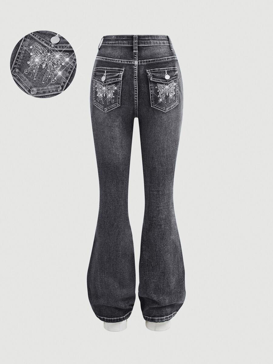 Girlism Teen Girl Waist Button Design Double Pocket Rhinestone Butterfly Decor Slim Fit Flared Jeans - Black - View 1