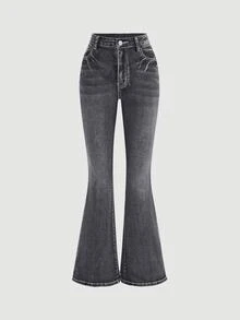 Girlism Teen Girl Waist Button Design Double Pocket Rhinestone Butterfly Decor Slim Fit Flared Jeans - Black - View 2