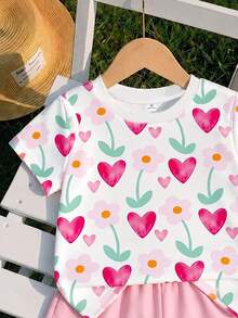 SHEIN Playful Pals 女童T恤，適合夏季、春季、秋季、冬季，四季穿著，舒適時尚，街頭風，適合4-7歲女孩，愛心、花卉、花朵、可愛、日系，日常舒適百搭，旅行、開學、聖誕節 - 白色 - 查看 5
