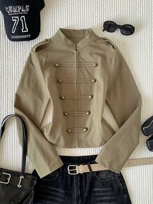 Comfortcana Women's Long Sleeve Button-Up Solid Color Napoleon Military Jacket, Halloween - Army Green - View 7