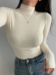 DAZY 女款高領長袖T恤，黑色，春夏秋季，可愛上衣女裝 - 杏色 - 查看 5