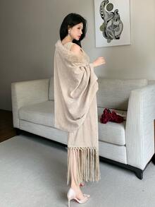 Feyla Women's Solid Color Patchwork Faux Fur Batwing Sleeve Loose Jacket And Tassel Hem Dress Elegant 2 Pieces Set - Khaki - View 6