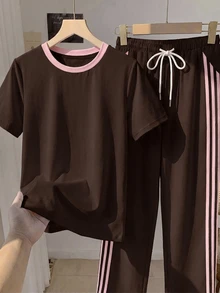 Tseoso 女款短袖T恤與條紋拼接抽繩腰長褲套裝 - 棕色 - 查看 5