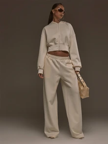 MUSERA Cream Scuba Baggy Straight Leg Joggers Sweatpants Fall Autumn Winter Cool Style Outfits - White - View 1