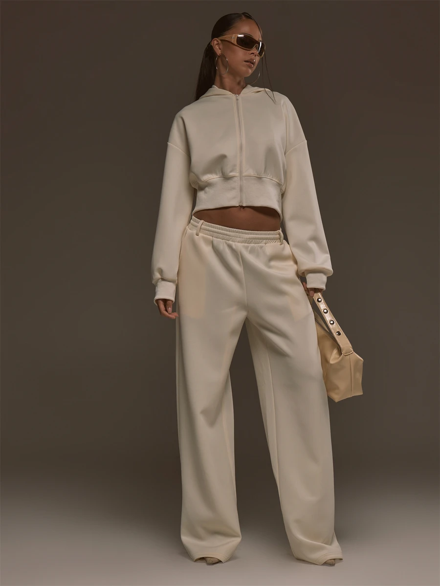 MUSERA Cream Scuba Baggy Straight Leg Joggers Sweatpants Fall Autumn Winter Cool Style Outfits - White - View 1