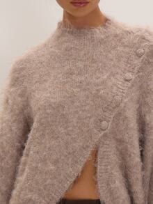 MUSEYN Stone Fluffy Knit Asymmetic Button Sweater Versatile Everyday Date Night Chic New Season Fall - Light Grey - View 6