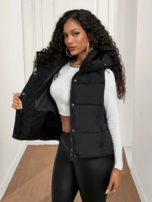BamGleam Women's Solid Color Casual Versatile Winter Hooded Padded Coat - Black - View 3