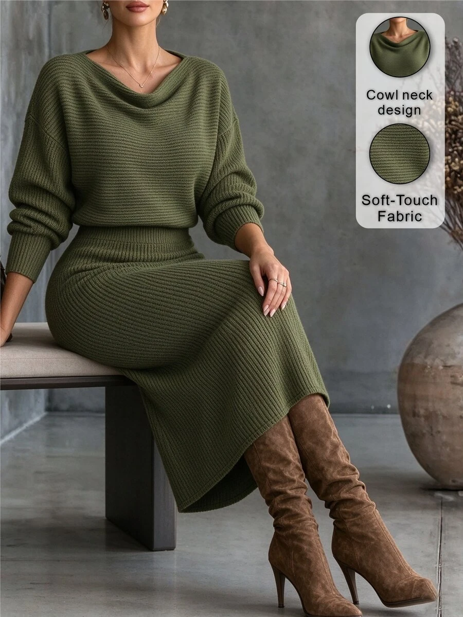 Linhara CURVE فستان صوفي محبوك بلون موحد للنساء بمقاسات كبيرة، بياقة دائرية مجعدة وقصة ضيقة، بتصميم بسيط وعملي، مناسب للتنقل اليومي والمكتب والإجازات الرومانسية، أنيق - أخضر داكن - مشاهدة 1