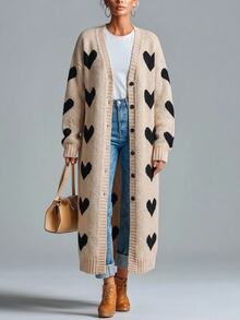 Solivie Women's Autumn/Winter Long Cardigan With Heart Contrast Color Design, Apricot Top Women Fall Winter Sweater Work Tops For Women - Apricot - View 4