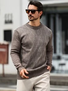 Marcello Vane 男士散點圖案長袖圓領時尚休閒毛衣 - 咖啡棕 - 查看 7